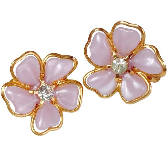 Vintage 1950s Pink Moonglow Floral Screw Back Earrings Gold Tone Feminine Pastel - Picture 1 of 11